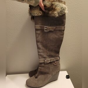 Michael Kors Faux Fur Trim Suede Knee High Wedge Boots